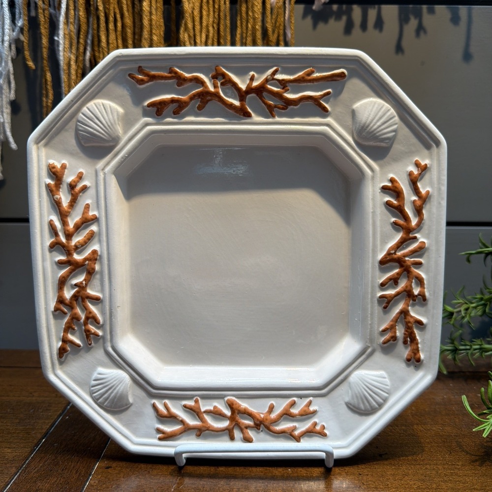Hand-Painted Ceramic Plate Coral Shell Nautical Coastal Made in Italy Trinket